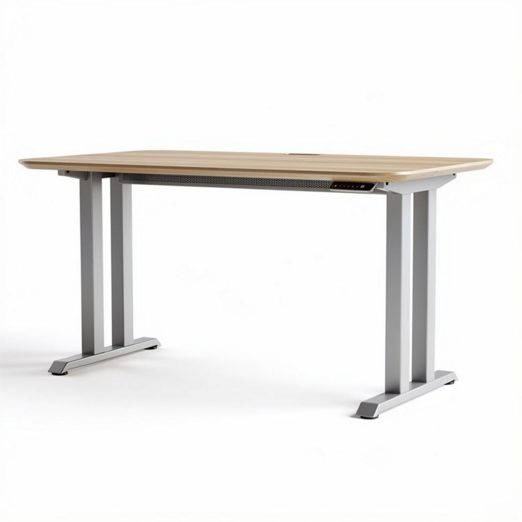 Adjustable standing desk with wooden top and silver metal frame 150 x 75 x 75cm