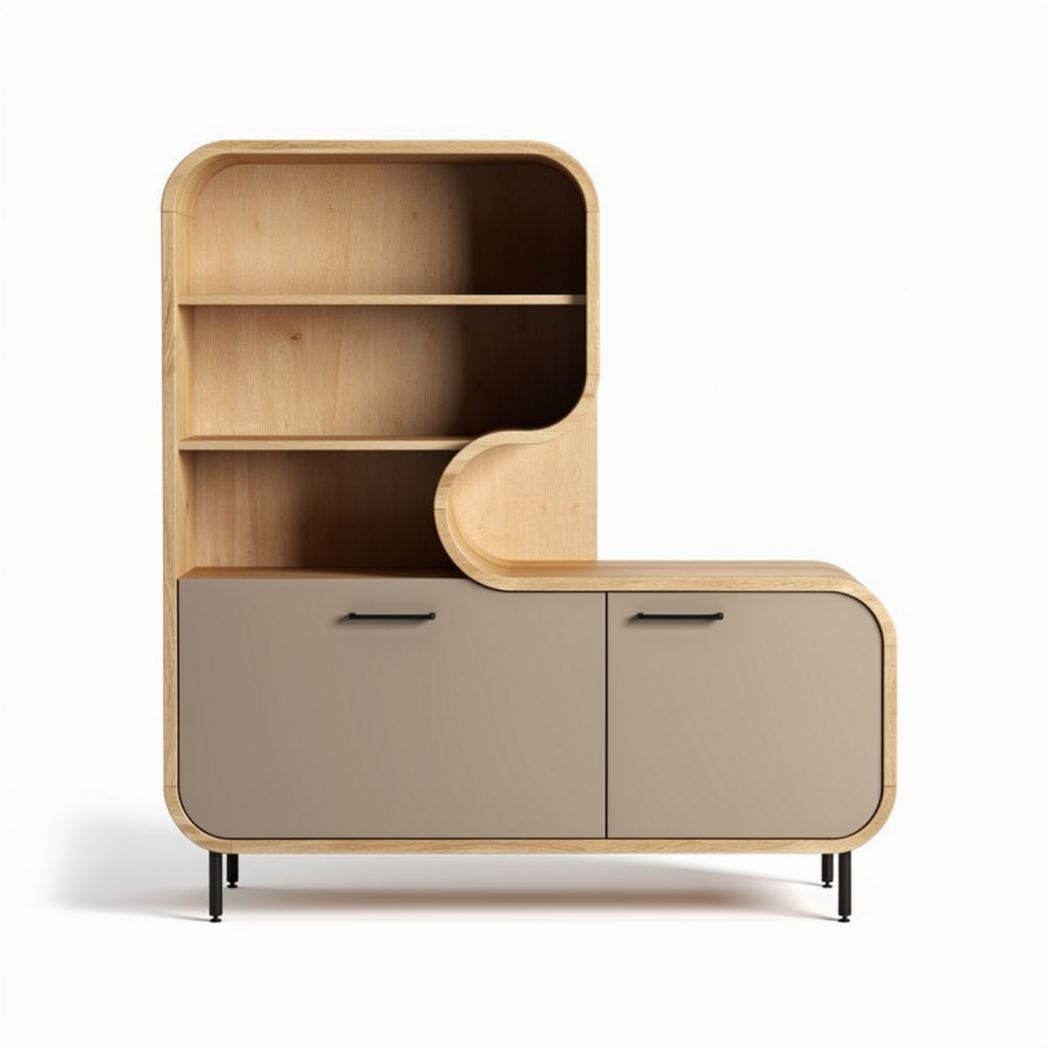 Modern wood and metal storage cabinet with shelving unit in beige and brown dimensions 120 x 40 x 150cm