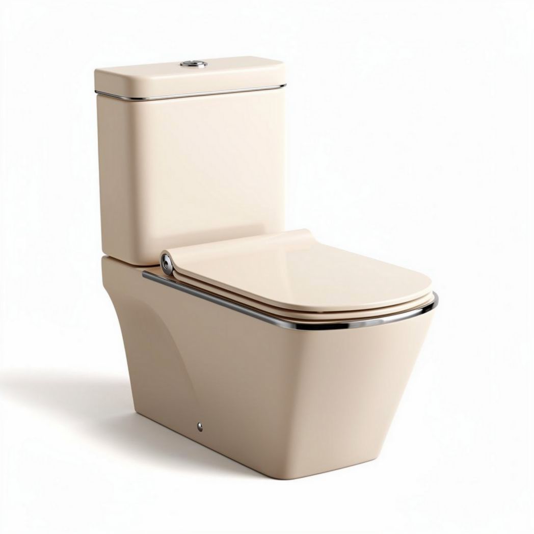 Compact one-piece toilet with soft-close seat in beige color 27 x 15 x 28 inch