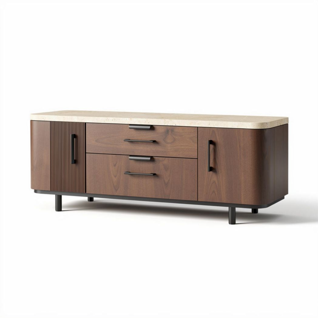Wooden storage cabinet with marble top and metal legs 150 x 45 x 70cm