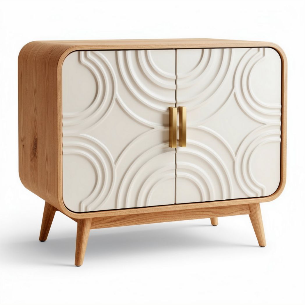 Wooden sideboard with round pattern doors and tapered legs 80 x 35 x 70cm
