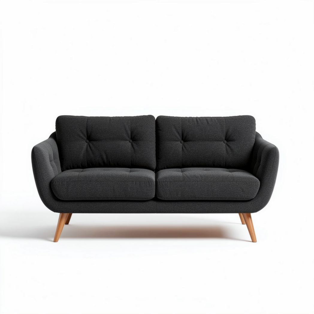 Modern two-seat sofa in dark gray fabric with wooden legs 180 x 80 x 75cm