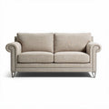 Beige upholstered loveseat with nailhead trim and metal legs 180 x 90 x 85cm