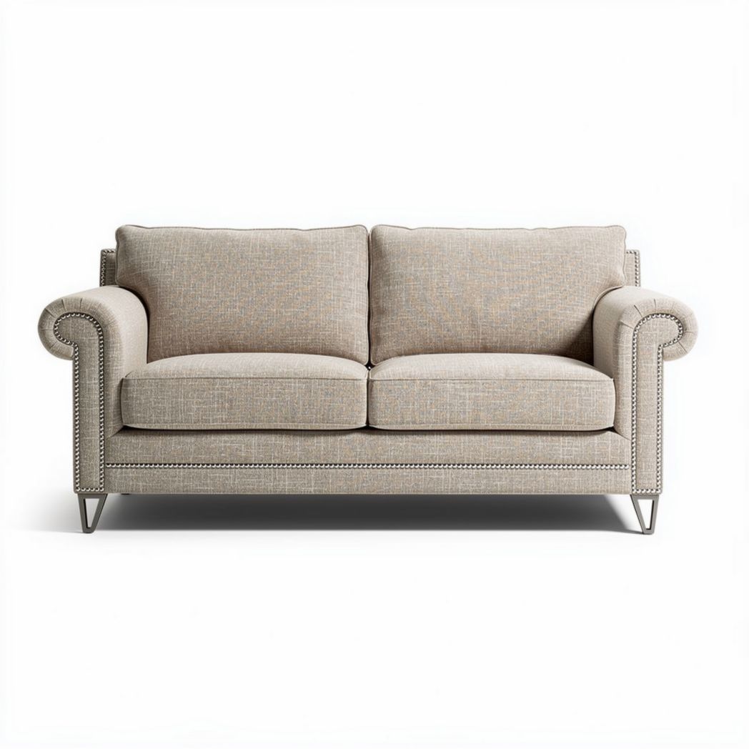 Beige upholstered loveseat with nailhead trim and metal legs 180 x 90 x 85cm
