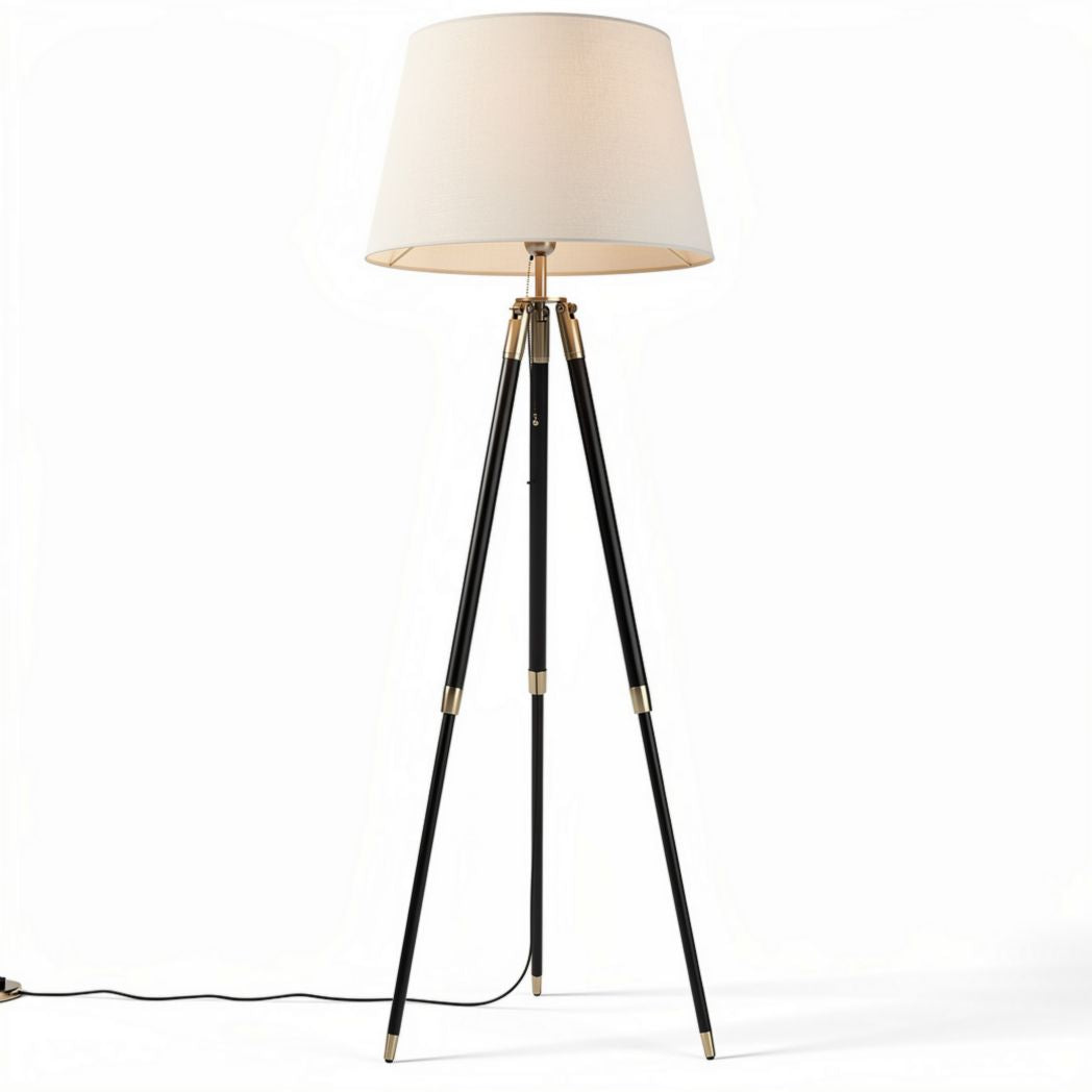 Tripod floor lamp with fabric shade and metal base in black and gold 15 x 15 x 150cm