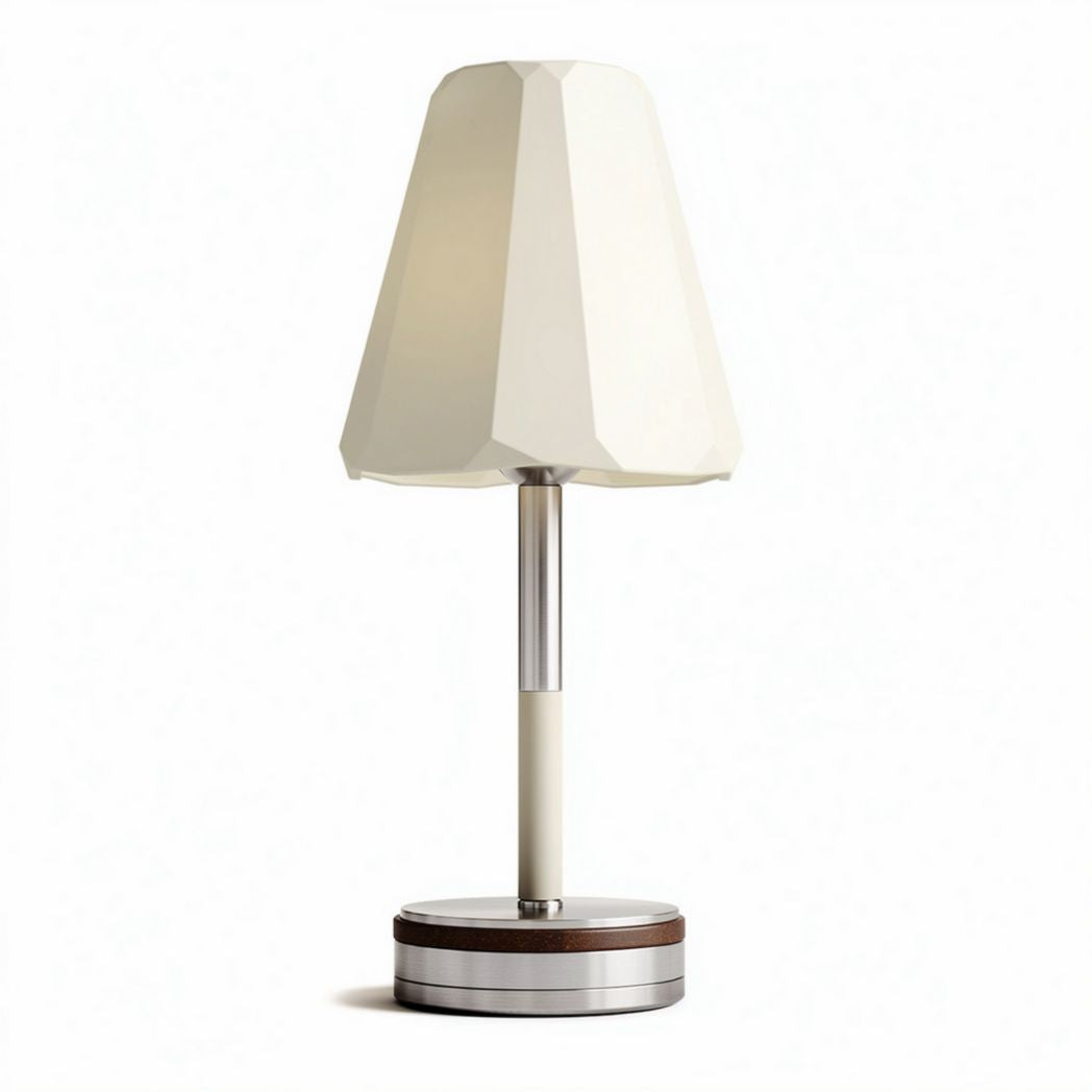 Modern geometric table lamp with white shade and wood base 15 x 15 x 30cm