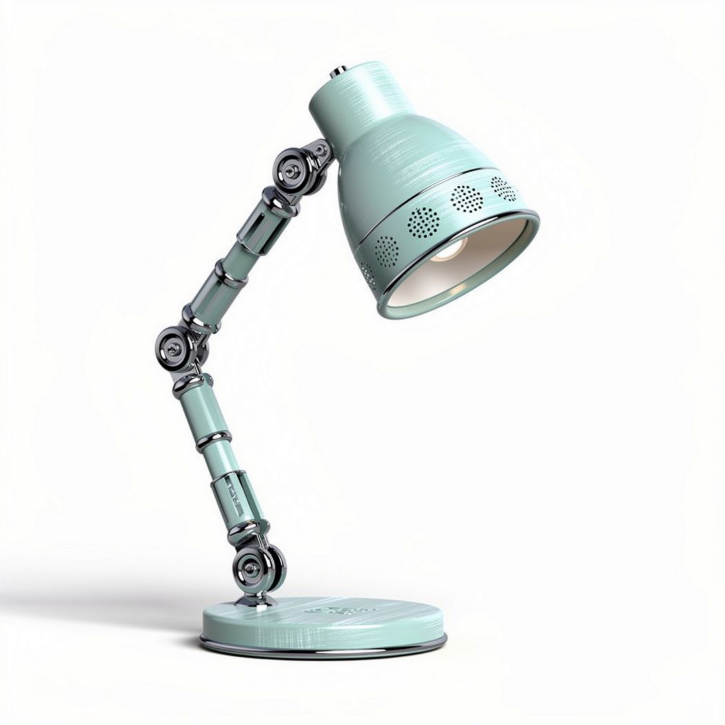 Adjustable desk lamp with metal articulating arm and mint green finish