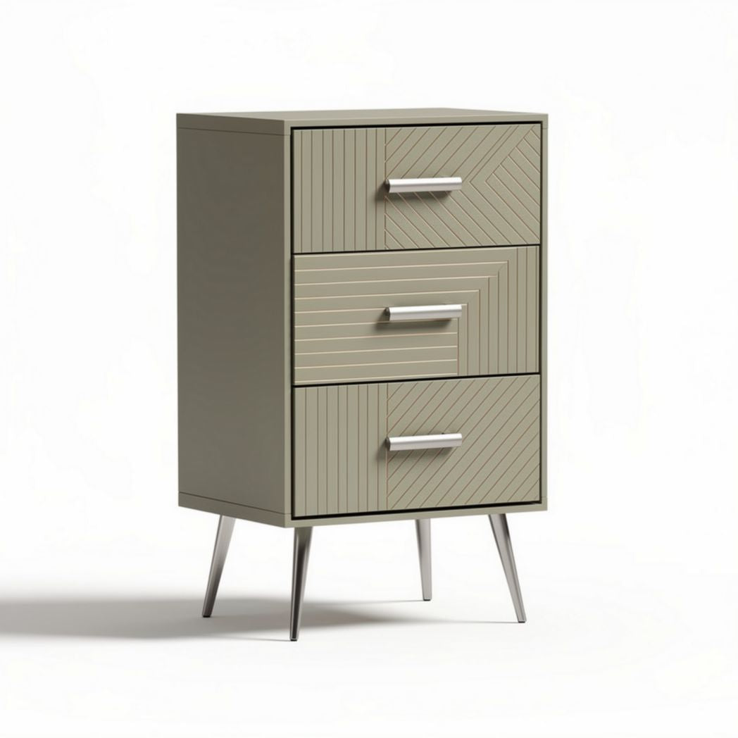 Three-drawer bedside cabinet in light gray with metal legs 40 x 30 x 70cm