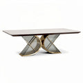 Glass and metal dining table with walnut finish and unique base design
