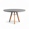 Round dining table with gray laminate top and wooden legs 120 x 120 x 75cm