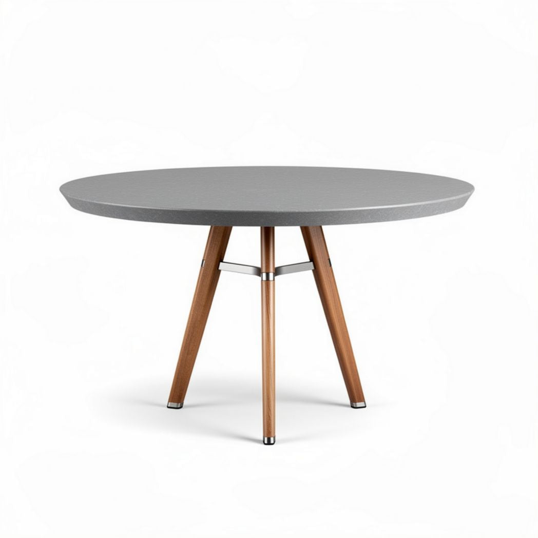 Round dining table with gray laminate top and wooden legs 120 x 120 x 75cm