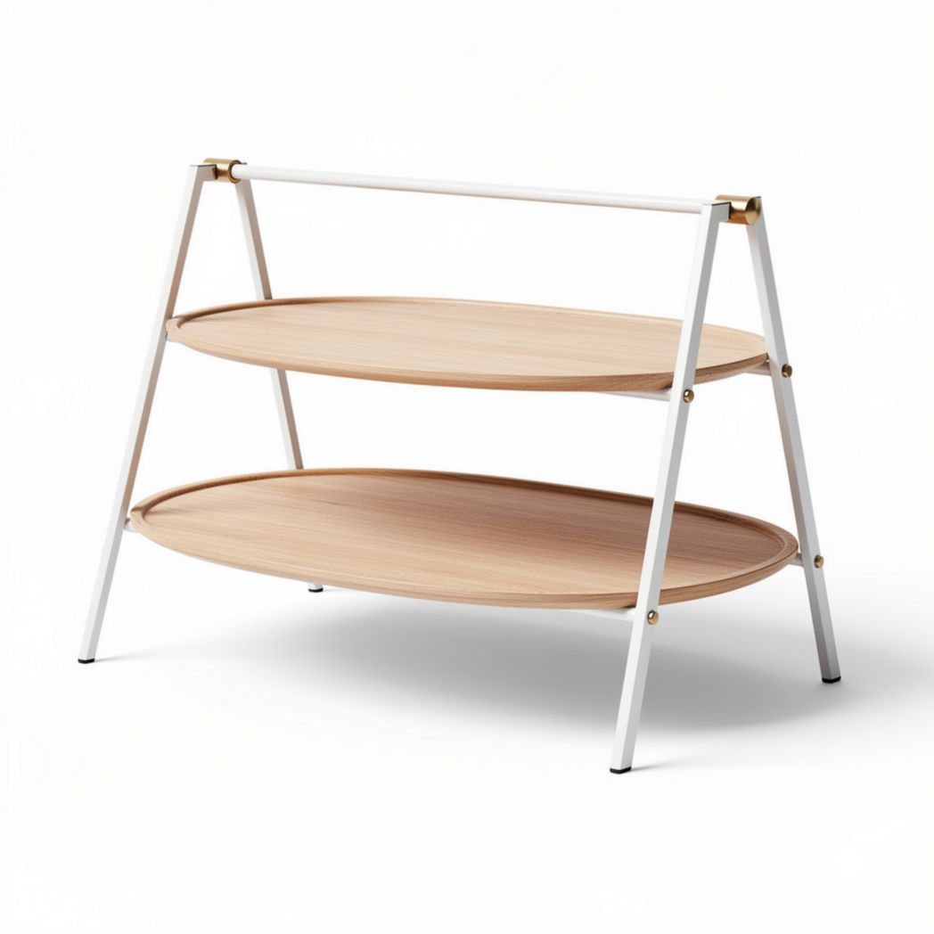 Wooden two-tier display shelf with white metal frame 70 x 40 x 50cm