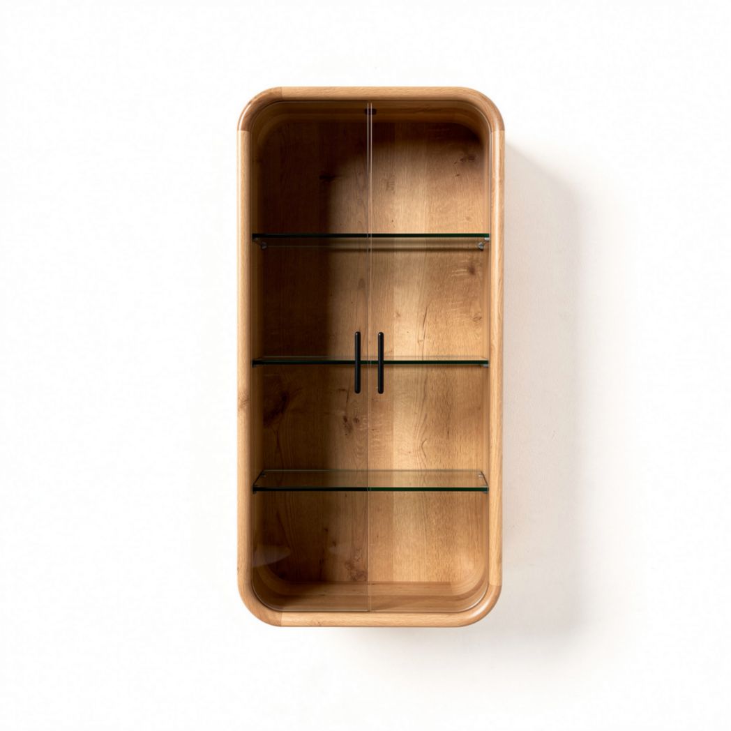 Bamboo display cabinet with glass shelves and black metal handles 80 x 40 x 140cm